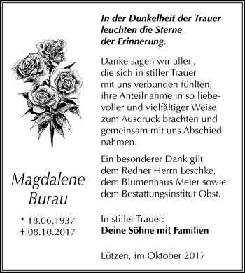 Traueranzeige von Magdalene Burau von Mitteldeutsche Zeitung Weißenfels