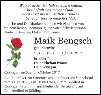 Traueranzeige von Maik Bengsch von Wochenspiegel Mansfelder Land