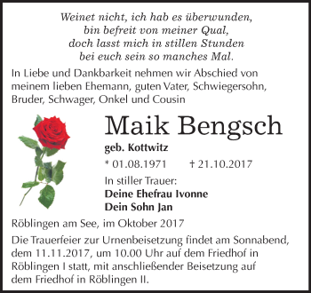 Traueranzeige von Maik Bengsch von Mitteldeutsche Zeitung