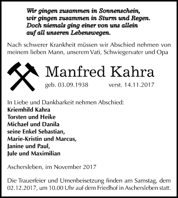 Traueranzeige von Manfred Kahra von Mitteldeutsche Zeitung Aschersleben