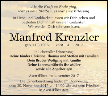 Traueranzeige von Manfred Krenzler von WVG - Wochenspiegel Dessau / Köthen