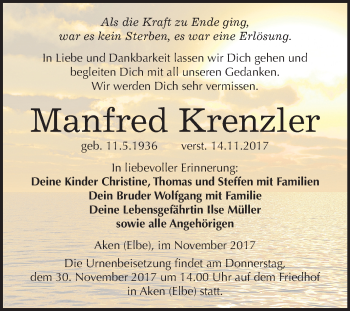 Traueranzeige von Manfred Krenzler von Mitteldeutsche Zeitung Köthen