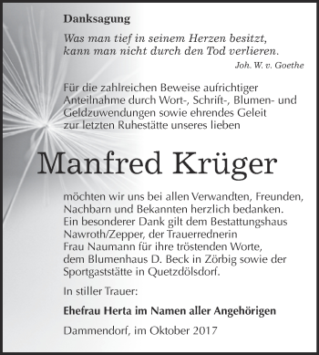 Traueranzeige von Manfred Krüger von WVG - Wochenspiegel Bitterfeld