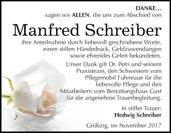 Traueranzeige von Manfred Schreiber von WVG - Wochenspiegel Dessau / Köthen