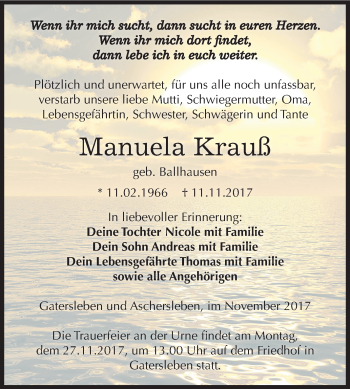 Traueranzeige von Manuela Krauß von Mitteldeutsche Zeitung Aschersleben