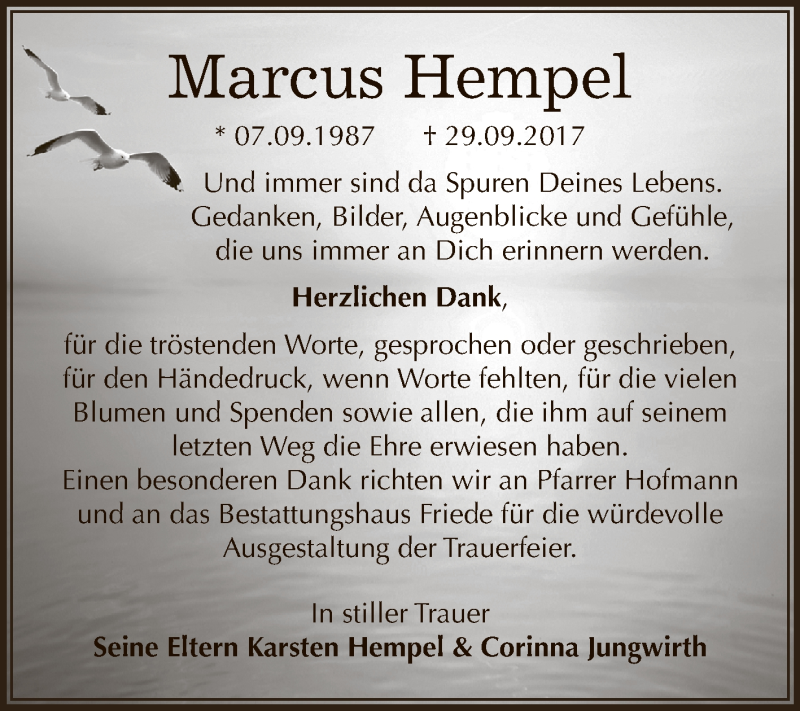  Traueranzeige für Marcus Hempel vom 11.11.2017 aus WVG - Wochenspiegel Dessau / Köthen