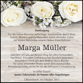 Traueranzeige von Marga Müller von Mitteldeutsche Zeitung Merseburg/Querfurt