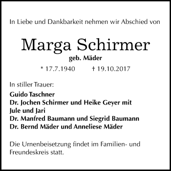 Traueranzeige von Marga Schirmer von Mitteldeutsche Zeitung