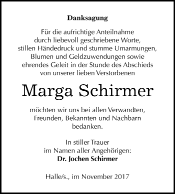 Traueranzeige von Marga Schirmer von Mitteldeutsche Zeitung Merseburg/Querfurt