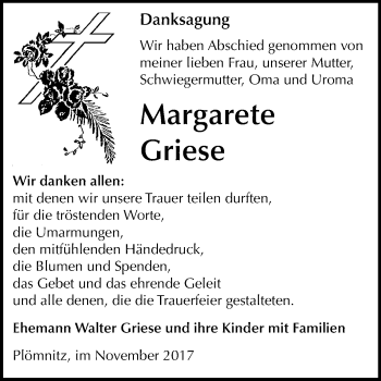 Traueranzeige von Margarete Griese von Mitteldeutsche Zeitung Bernburg
