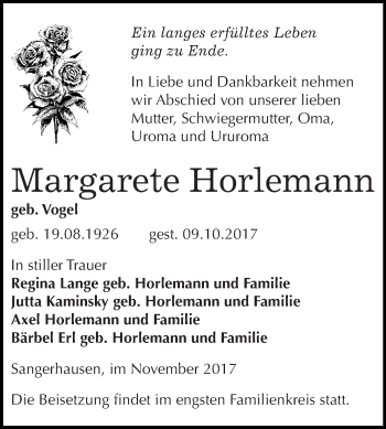 Traueranzeige von Margarete Horlemann von Super Sonntag SGH Mansf. Land
