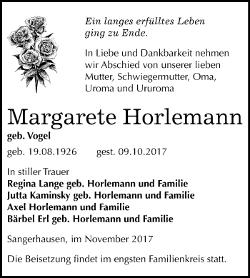 Traueranzeige von Margarete Horlemann von Mitteldeutsche Zeitung Sangerhausen