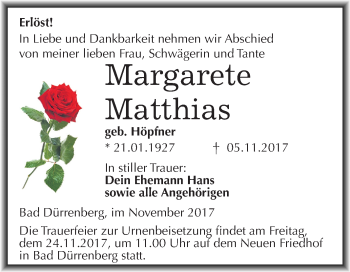Traueranzeige von Margarete Matthias von Mitteldeutsche Zeitung Merseburg/Querfurt