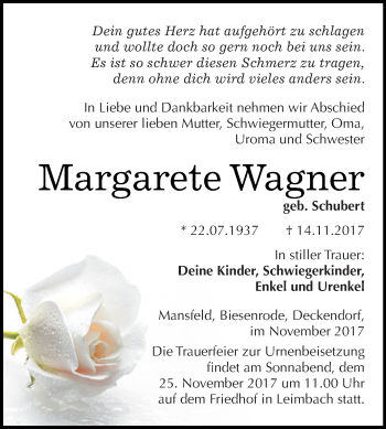 Traueranzeige von Margarete Wagner von Super Sonntag SGH Mansf. Land