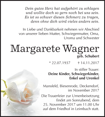 Traueranzeige von Margarete Wagner von Mitteldeutsche Zeitung