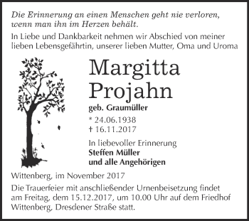 Traueranzeige von Margitta Projahn von Super Sonntag Wittenberg