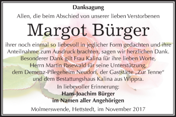Traueranzeige von Margot Bürger von Mitteldeutsche Zeitung