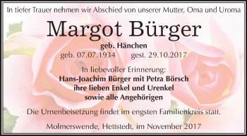 Traueranzeige von Margot Bürger von Mitteldeutsche Zeitung