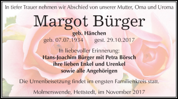 Traueranzeige von Margot Bürger von Super Sonntag SGH Mansf. Land