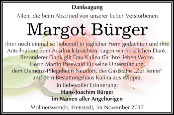 Traueranzeige von Margot Bürger von Super Sonntag SGH Mansf. Land