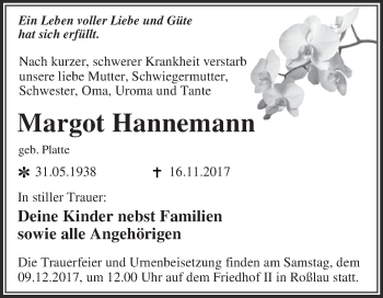 Traueranzeige von Margot Hannemann von WVG - Wochenspiegel Dessau / Köthen