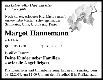 Traueranzeige von Margot Hannemann von Mitteldeutsche Zeitung Dessau-Roßlau