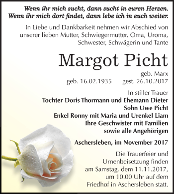 Traueranzeige von Margot Picht von Mitteldeutsche Zeitung Aschersleben