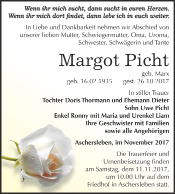 Traueranzeige von Margot Picht von Super Sonntag Aschersleben