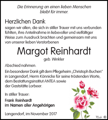 Traueranzeige von Margot Reinhardt von WVG - Wochenspiegel NMB / WSF / ZTZ
