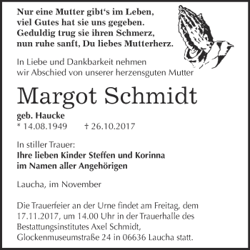 Traueranzeige von Margot Schmidt von WVG - Wochenspiegel NMB / WSF / ZTZ
