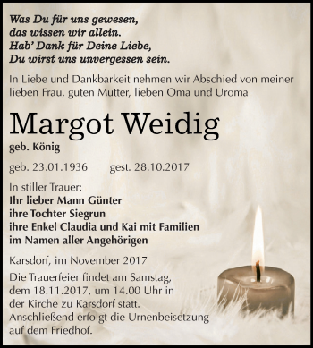 Traueranzeige von Margot Weidig von WVG - Wochenspiegel NMB / WSF / ZTZ