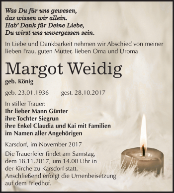 Traueranzeige von Margot Weidig von Mitteldeutsche Zeitung