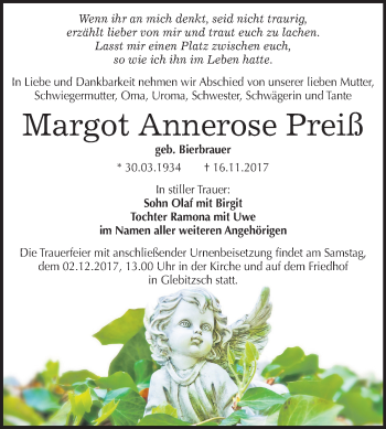 Traueranzeige von Margot Annerose Preiß von Mitteldeutsche Zeitung Bitterfeld