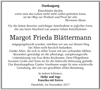 Traueranzeige von Margot Frieda Blättermann von Mitteldeutsche Zeitung Quedlinburg