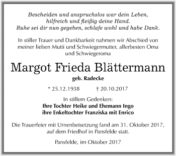 Traueranzeige von Margot Frieda Blättermann von Mitteldeutsche Zeitung Quedlinburg