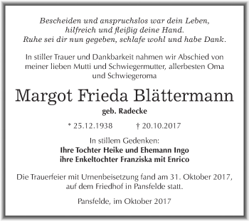 Traueranzeige von Margot Frieda Blättermann von Wochenspiegel Mansfelder Land