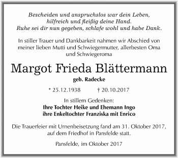 Traueranzeige von Margot Frieda Blättermann von WVG - Wochenspiegel Quedlinburg