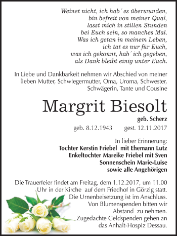 Traueranzeige von Margrit Biesolt von Mitteldeutsche Zeitung Köthen