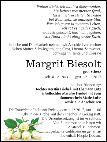 Traueranzeige von Margrit Biesolt von WVG - Wochenspiegel Dessau / Köthen