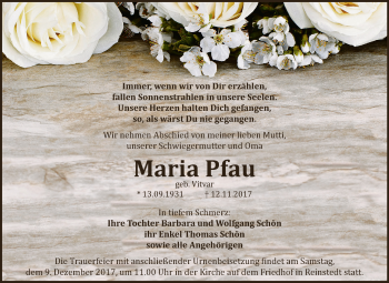Traueranzeige von Maria Pfau von Super Sonntag Aschersleben