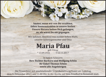 Traueranzeige von Maria Pfau von Mitteldeutsche Zeitung Quedlinburg