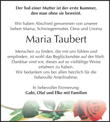 Traueranzeige von Maria Taubert von WVG - Wochenspiegel Dessau / Köthen