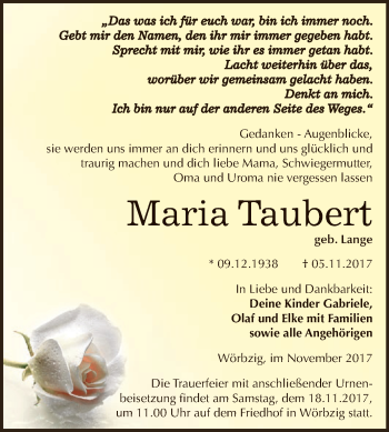Traueranzeige von Maria Taubert von WVG - Wochenspiegel Dessau / Köthen