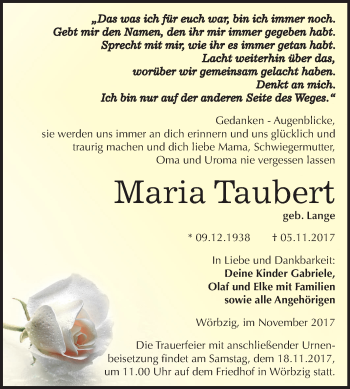 Traueranzeige von Maria Taubert von Mitteldeutsche Zeitung Köthen