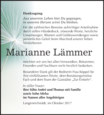 Traueranzeige von Marianne Lämmer von Mitteldeutsche Zeitung Merseburg/Querfurt