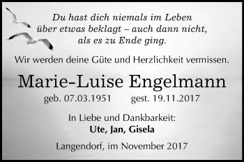 Traueranzeige von Marie-Luise Engelmann von Mitteldeutsche Zeitung Weißenfels