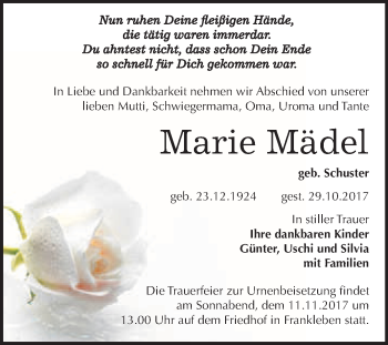 Traueranzeige von Marie Mädel von WVG - Wochenspiegel Merseburg