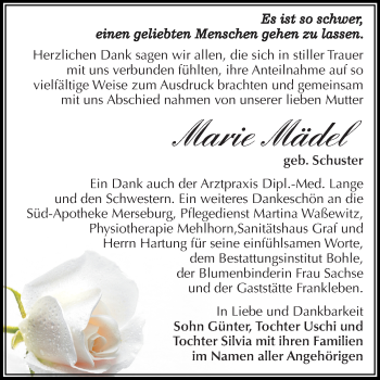 Traueranzeige von Marie Mädel von Mitteldeutsche Zeitung Merseburg/Querfurt