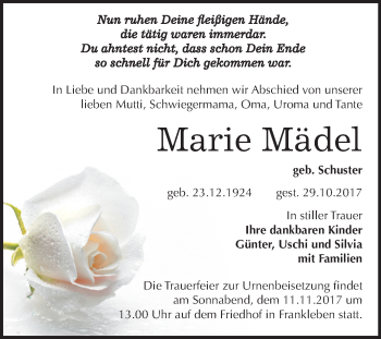 Traueranzeige von Marie Mädel von Mitteldeutsche Zeitung Merseburg/Querfurt