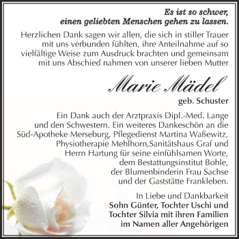 Traueranzeige von Marie Mädel von Super Sonntag Merseburg